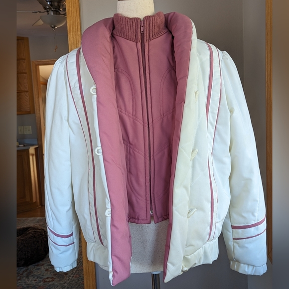 Vintage Puffy White/Pink Ski Jacket Dawn Zippered Toggles Pockets Women's size M - Picture 2 of 16